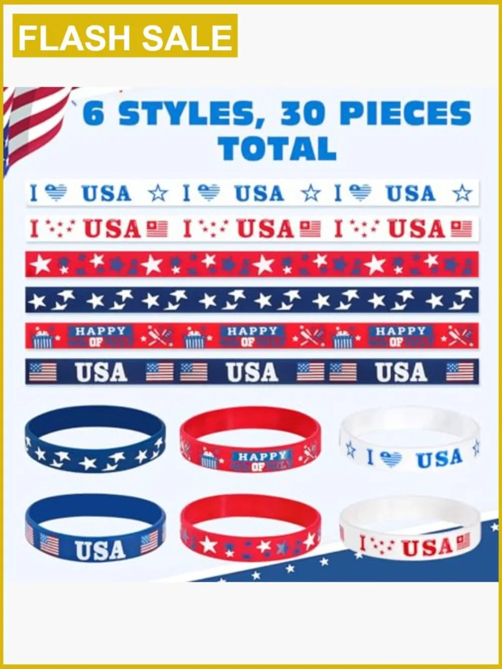30 Pack Patriotic Silicone Rubber Bracelets for Independence Day Party Favors